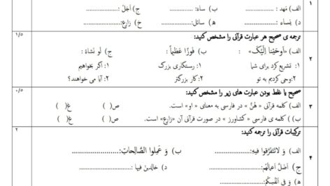 آزمون دروس 1 تا 6 قرآن نهم ( pdf ، word و پاسخنامه )