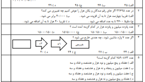 نمونه سوال تستی فصل ۱ ( اعداد و الگوها ) ریاضی چهارم (word و pdf با پاسخنامه )