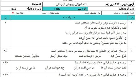نمونه سوال ورد درس 1 تا 3 قرآن نهم با جواب (word/pdf/پاسخنامه)